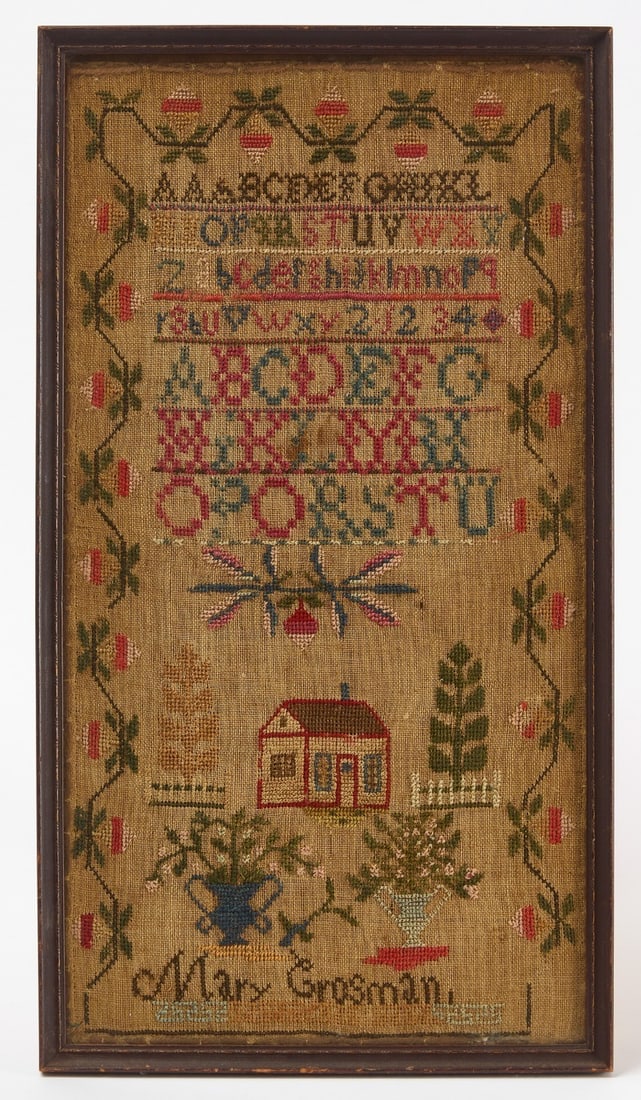 Needlework Sampler with House: Needlework sampler with house by Mary Grossman. American, circa 1830.Frame: H 18-1/2 in. W 10-1/4 in.