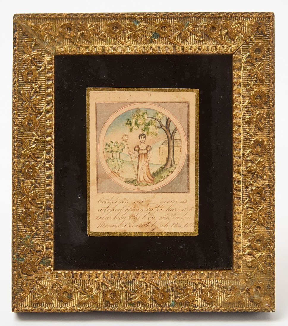 Early Mount Pleasant Child's Certificate: Early Mount Pleasant child's certificate. Watercolor and ink on paper under eglomise mat. 'Certificate given as a token of regard to Margaret Clarkson Vail by F. Heaton. Mount Pleasant,