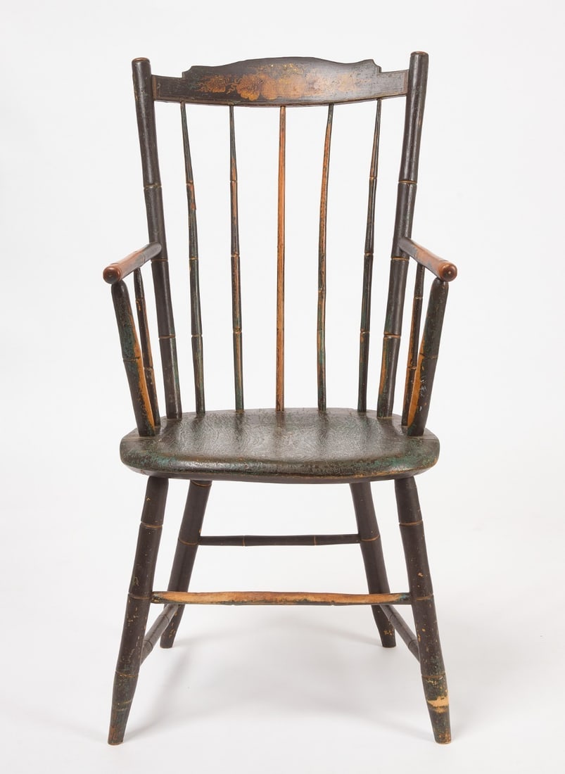 Painted Windsor Chair stamped 'Lobach': Windsor chair. Old back over earlier green paint. Block stamped underneath seat 'LOBACH'. Bamboo turnings. New England, circa 1800.H 38-1/2 in. W 18-3/4 in. D 20-3/4 in.SH 16-3/4 in.