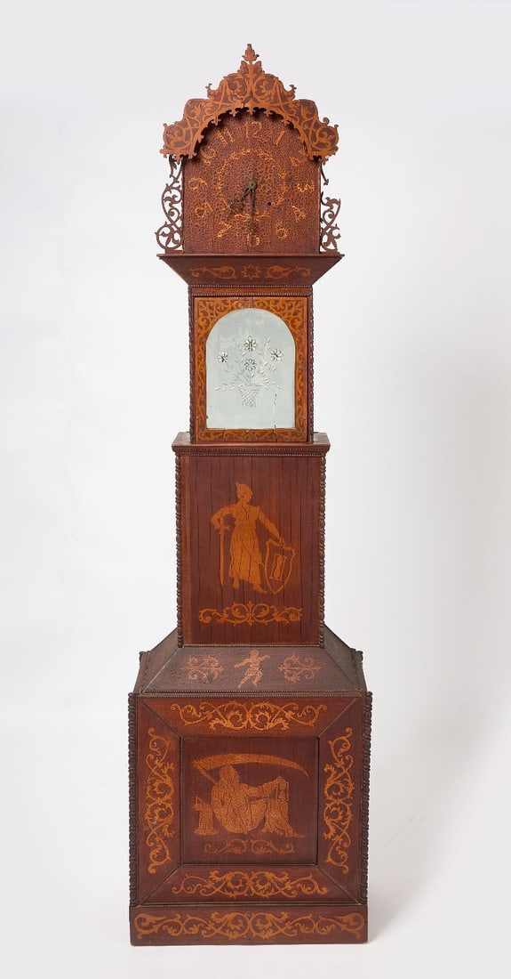 Fretwork Tall Clock: Fretwork tall clock with inlaid figures including 'Father Time' on lower section. below an etched glass mirror panel.H 85-1/2 in. W 23 in. D 12-1/2 in.