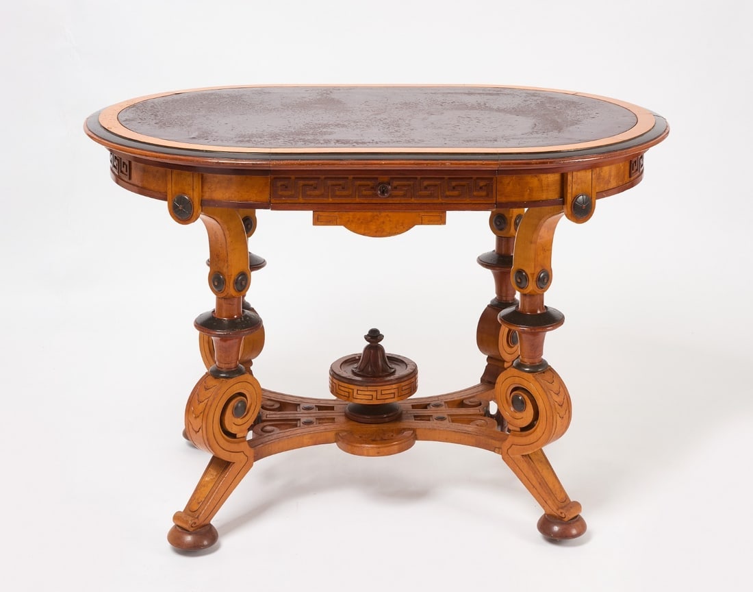Neo-Greco Scroll Foot Table: Neo-Greco scroll foot table. Maple. New York, circa 1872.H 29-1/4 in. W 44-1/4 in. D 29 in.
