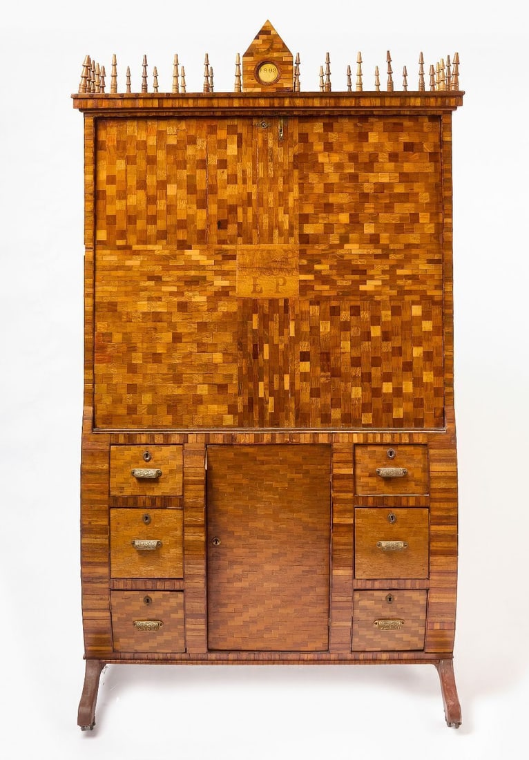 Inlaid Fall-Front Bombe Chest: Inlaid fall-front bombe form secretary. Molded rectangular cornice with turned finials about a rectangular case with fall-front opening to reveal a fitted interior, over a bombe lower section