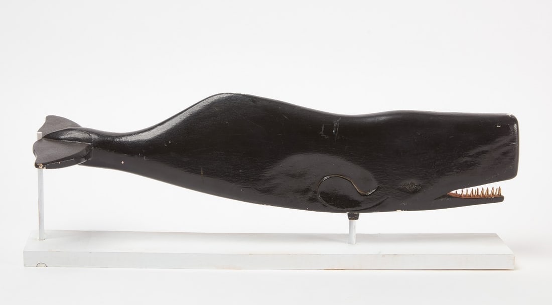 Whale Weathervane: Whale weathervane. Carved wood with original paint. American, circa 1950. L 22 in. Base included.