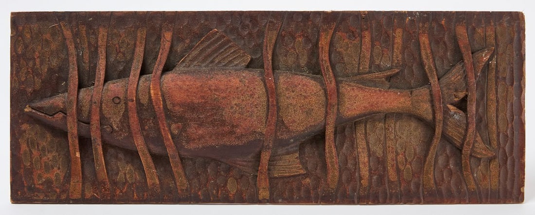 Underwater Fish Plaque: Fish plaque made to resemble a fish swimming underwater through seaweed. Carved and painted wood. American or Canadian, circa 1940.H 8-1/2 in. W 23 in. 