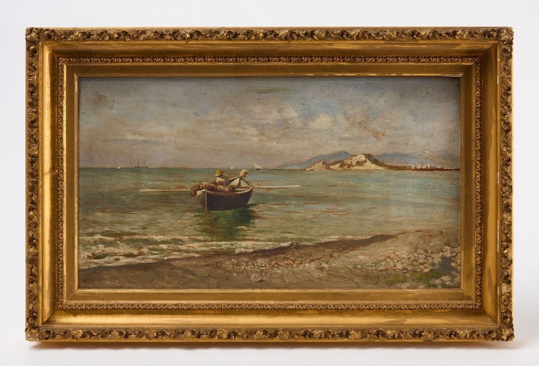 Seascape Painting of a Boat: Seascape with boat. Oil on board. Original frame. 19th century.Frame: H 14 in. W 21-1/2 in.Sight: H 9-1/2 in. W 17 in.