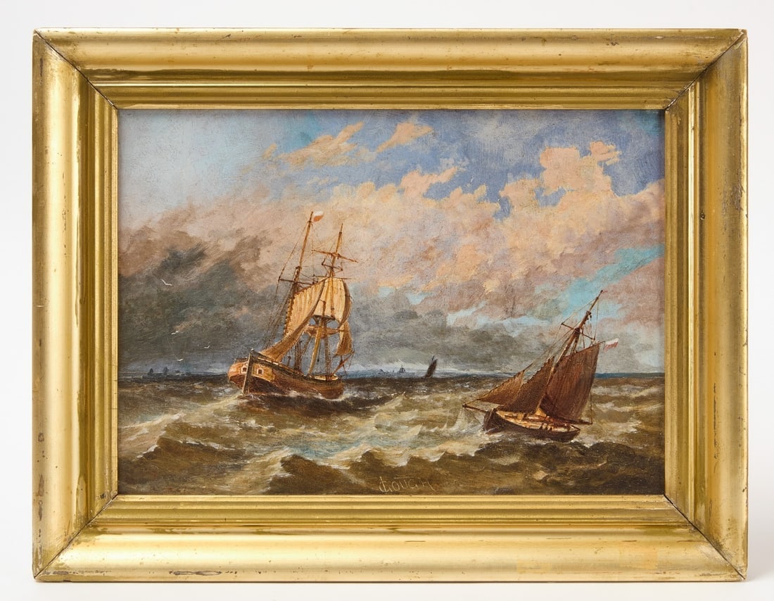 J. Gough - Seascape with Sailing Ships: J. Gough (English, fl. late 19th century), seascape painting depicting vessels in stormy harbor. Oil on board, mounted in later frame. Verso bears board label for 'Mill'd Boards' of