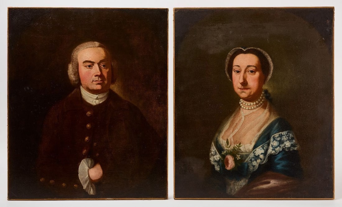 Pair of Early Portraits: Pair of early portraits. Oil on canvas. A man with his hand tucked into his vest. A lady in a blue dress with a pearl necklace. Unsigned, unframed. Probably American, circa 1800.Both portraits are