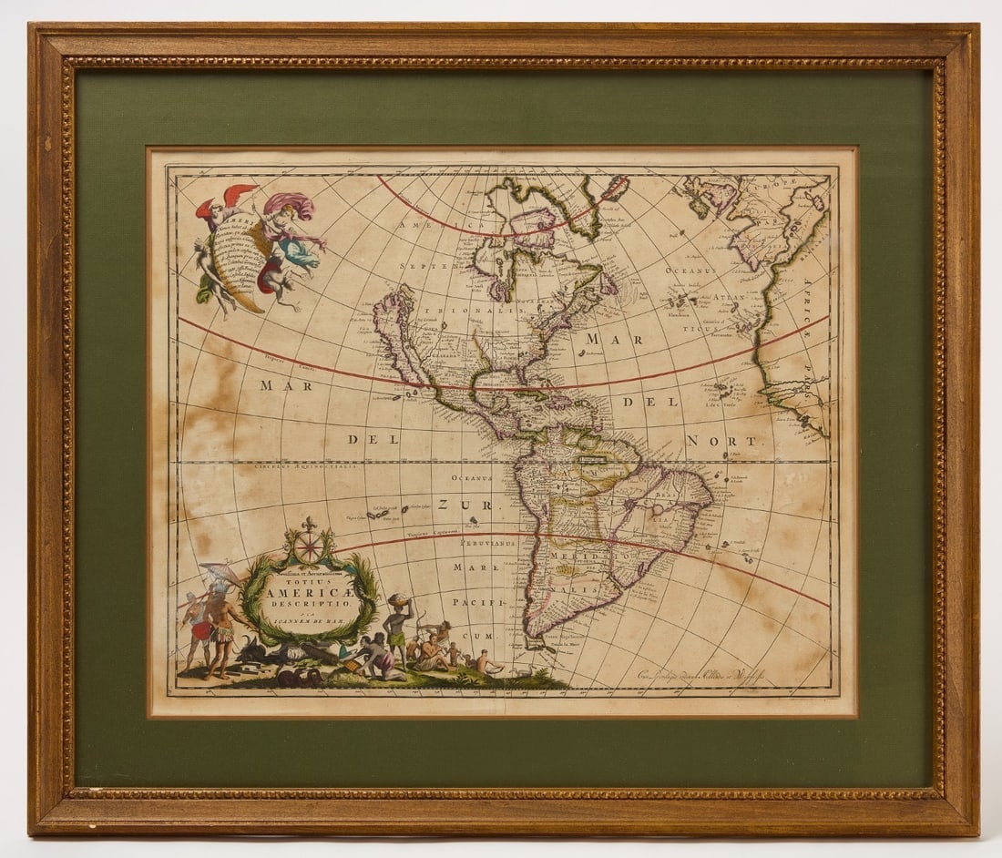 Novissima et accuratissima totius Americae descriptio: Early map of the Americas, Hand colored engraving, circa 1670.In comparison with DeWit's large wall map, this map purports to show the newest and most accurate information about the Americas.