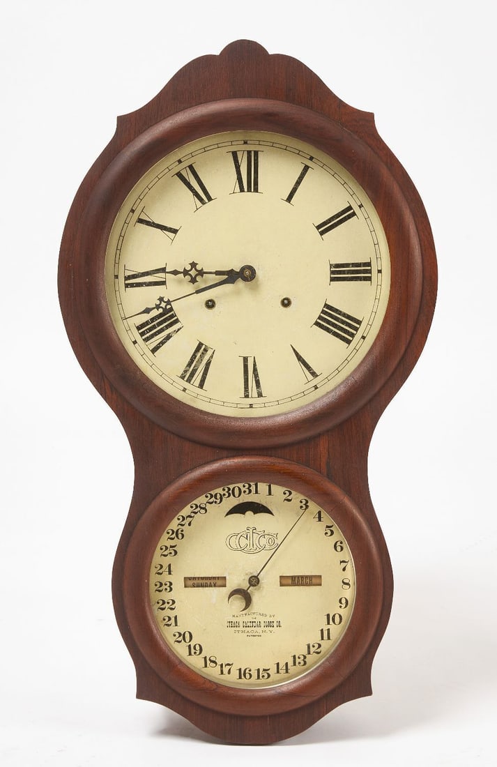 Ithaca Calendar Wall Clock: Ithaca calendar wall clock. Circa 1880.H 29-1/4 in W 15-3/4 in.