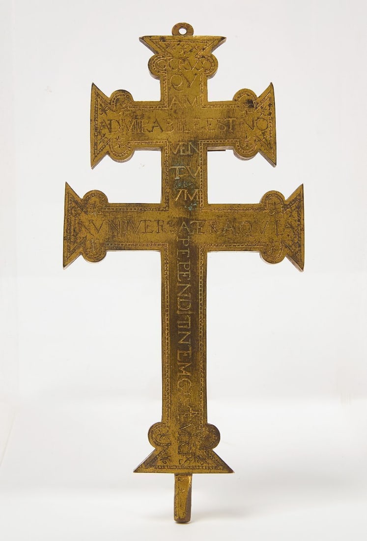 Early Gilded Caravaca Cross: Early gilded copper inscribed Caravaca cross. Spanish, 16th century.H 7 in. W 3-1/2 in.
