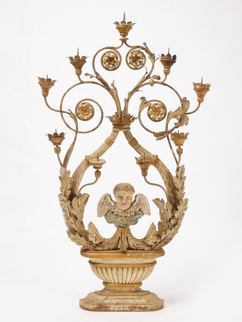 Early Architectural Candelabra with Angel: Early architectural candelabra with carved and painted angel head. Carved and painted wood and iron. Italian, circa 1800.H 56-1/2 in. W 31-1/2 in.