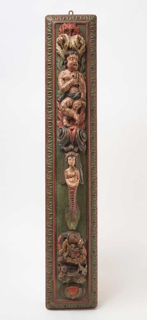 Early Mangle Board: Early mangle board with mermaid handle, dated 1803. Old polychrome paint on wood. ScandanavianH 35-1/2 in. W 6-1/4 in. 