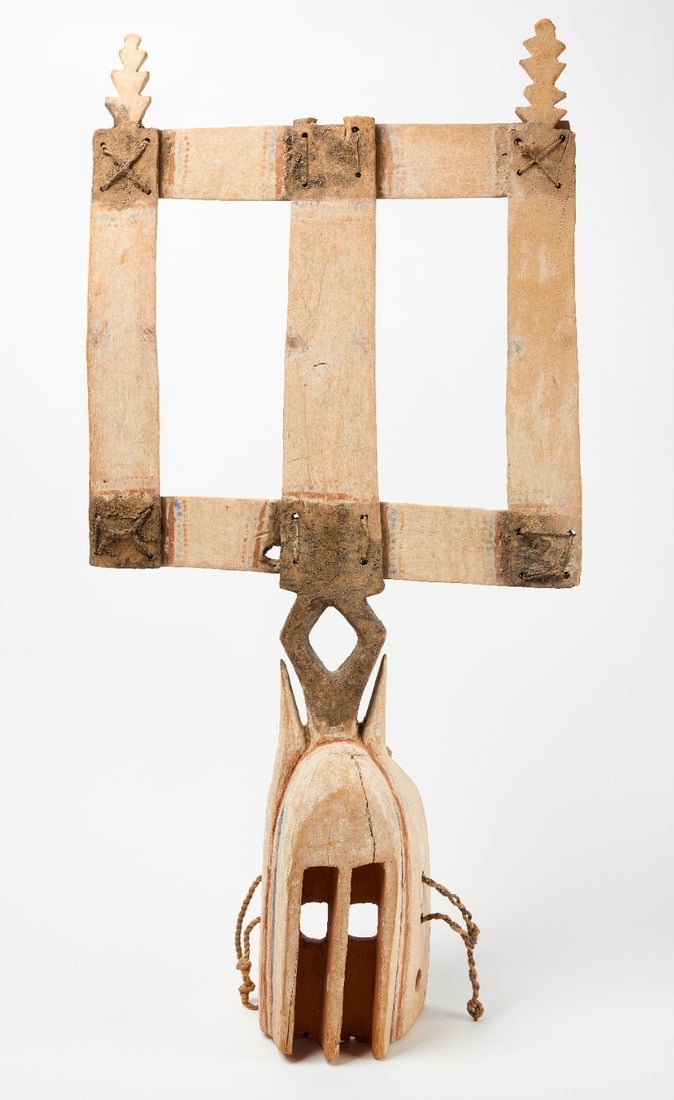 African Mask and Head-Dress: Mask and head-dress. African. H 40 1/4 in. W 19 3/4 in. D 7 in. Condition: Minor surface imperfections. Some paint loss. Overall good.Link for high-res images: