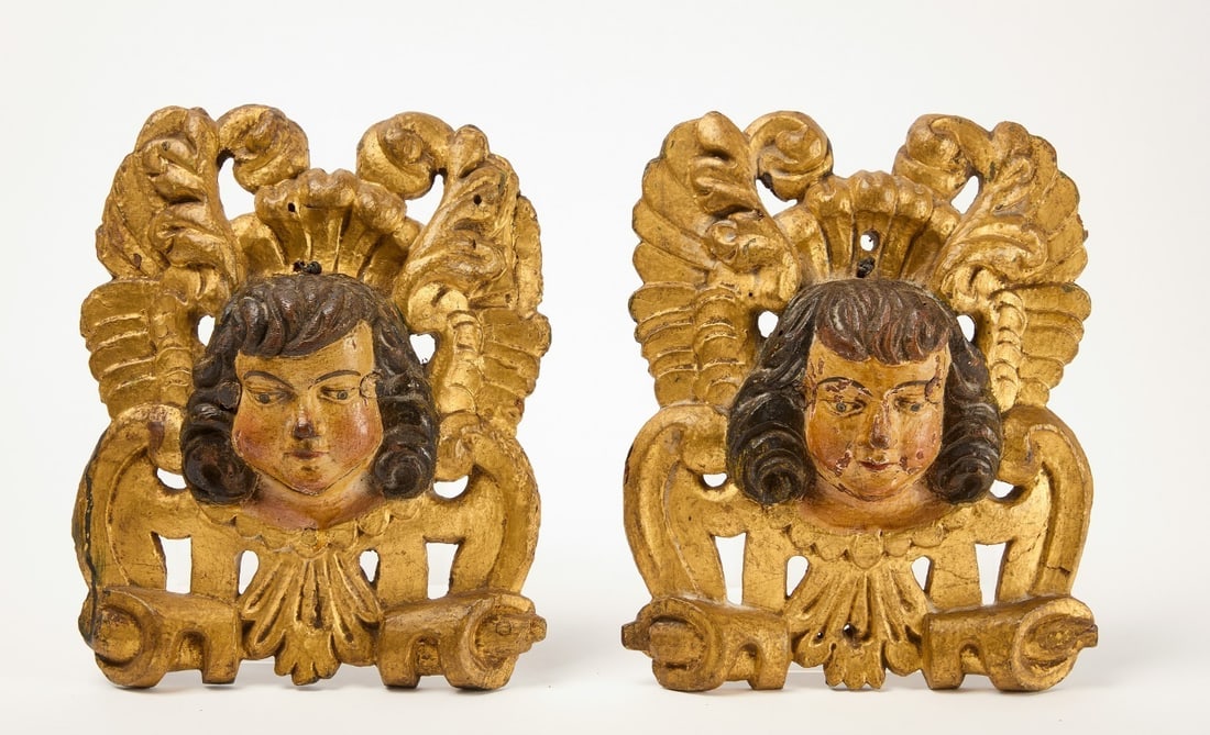 Pair of Carved Italian 'Putti' Plaques: Pair of Putti plaques. Carved, painted and gilded wood. Italian, 18th-19th century. H 11-1/4" W. 9-1/4" D 3". 