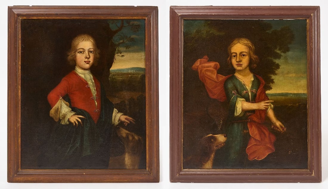 Pair of Portraits of Children with Dogs: Pair of old master portraits each showing a child with a dog. Oil on canvas, later wood frame. Likely European, 18th century.Frame: H 35 in. W 29-3/4 in.Canvas: H 29-1/4 in. W 24-1/4 in.