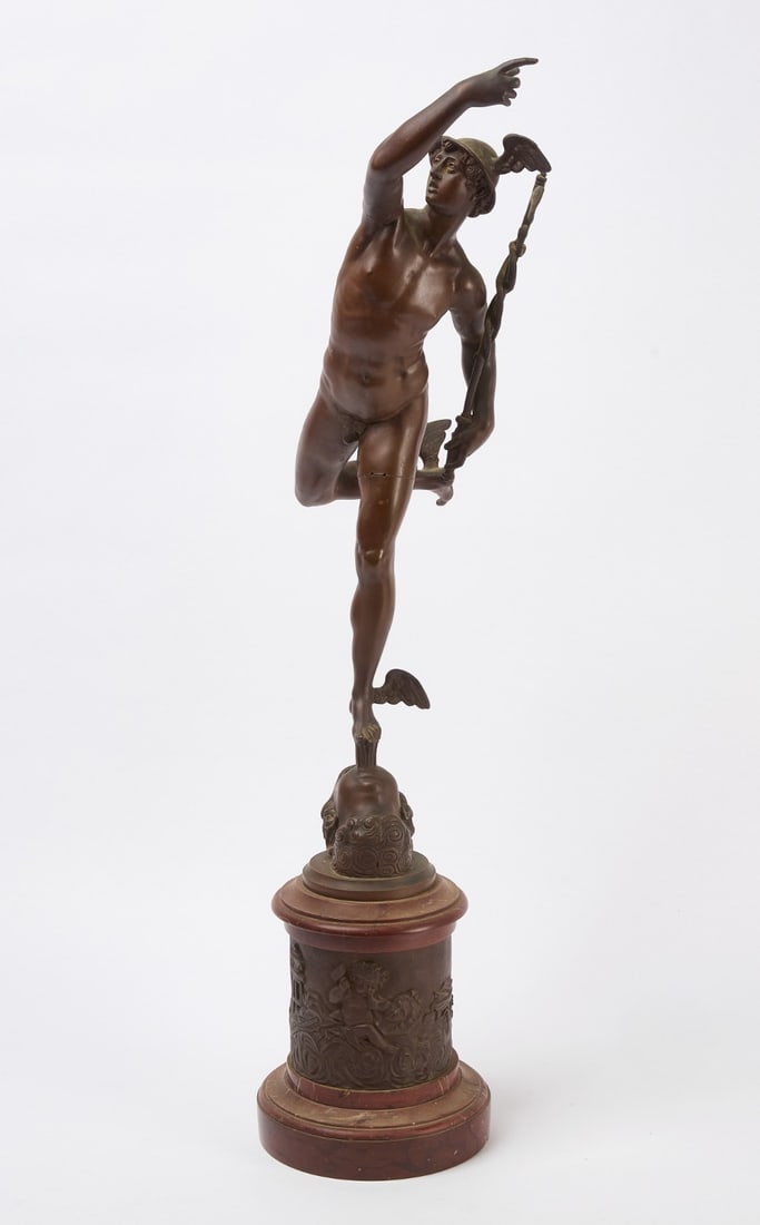 Statue of Winged Mercury: Statue of Winged Mercury. Bronze. Marble base. Likely Italian, 19th century - early 20th.Overall: H 32 in.