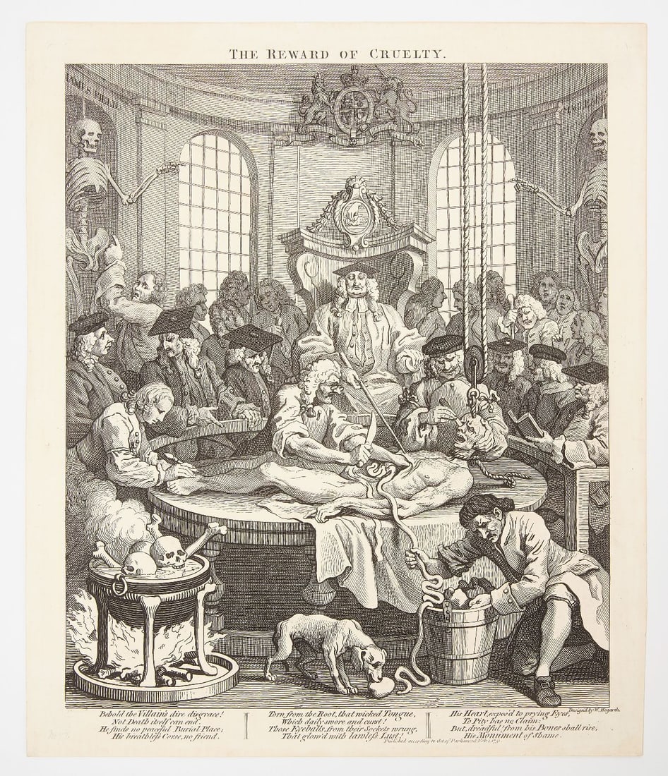 William Hogarth - 'The Reward of Cruelty' Engraving: William Hogarth (1697-1764), 'The Reward of Cruelty'. Inscribed LL "No. 77". This is the fourth and final engraving installment within Hogarth's "Four Stages of
