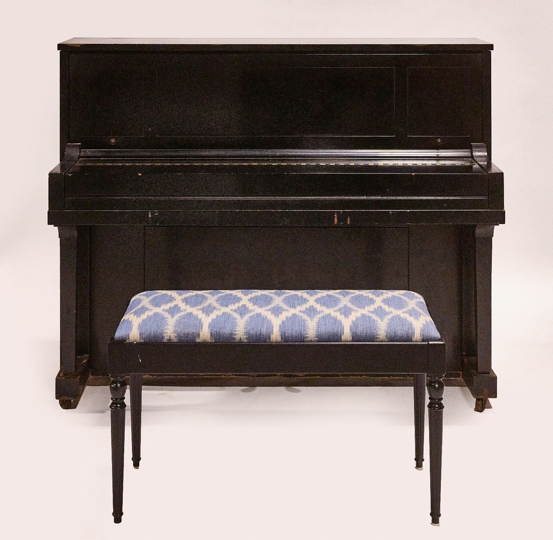 Steinway Studio Upright Piano: Steinway studio upright piano with stool. H 46-3/4 in. W 58-1/4 in. D 25 in.