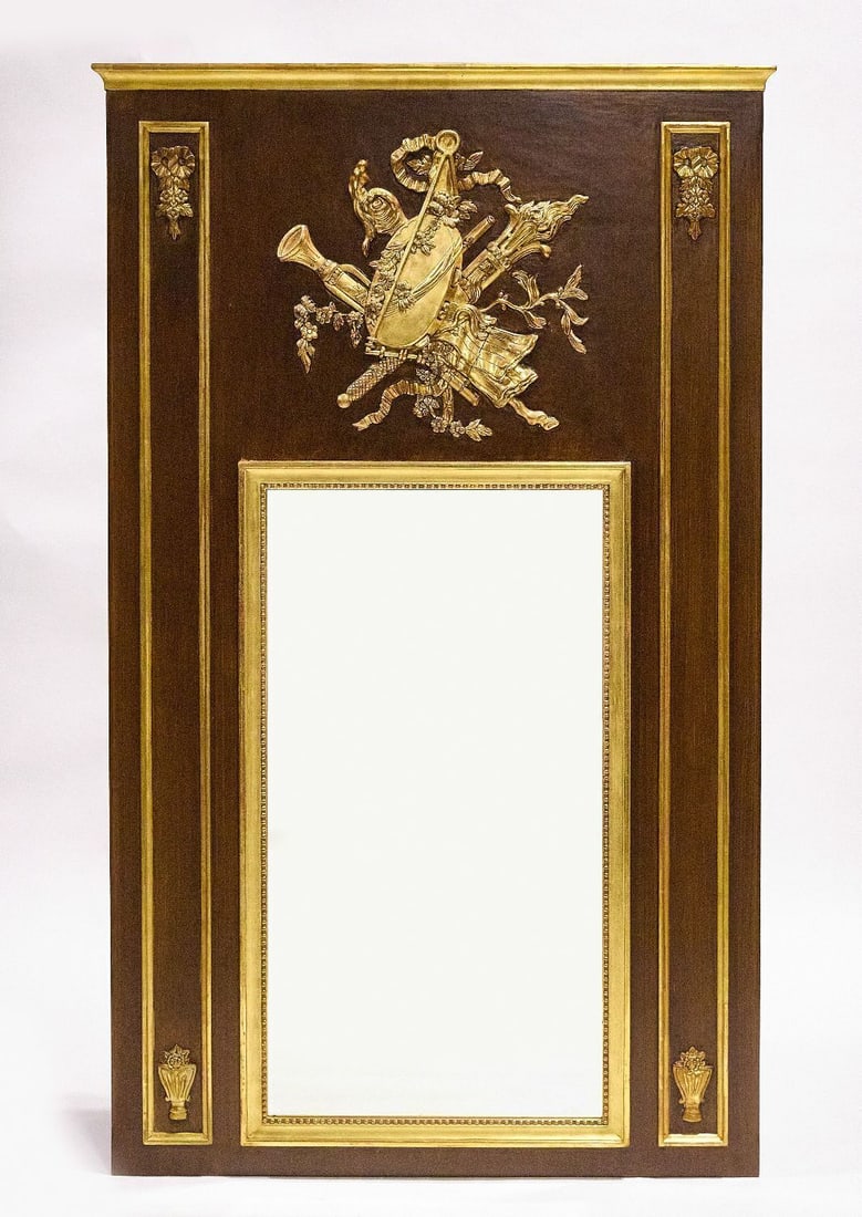 Trumeau Mirror: Trumeau mirror. Wood with parcel-gilt features. 20th century . H 66-3/4 in. W 40-1/2 in.
