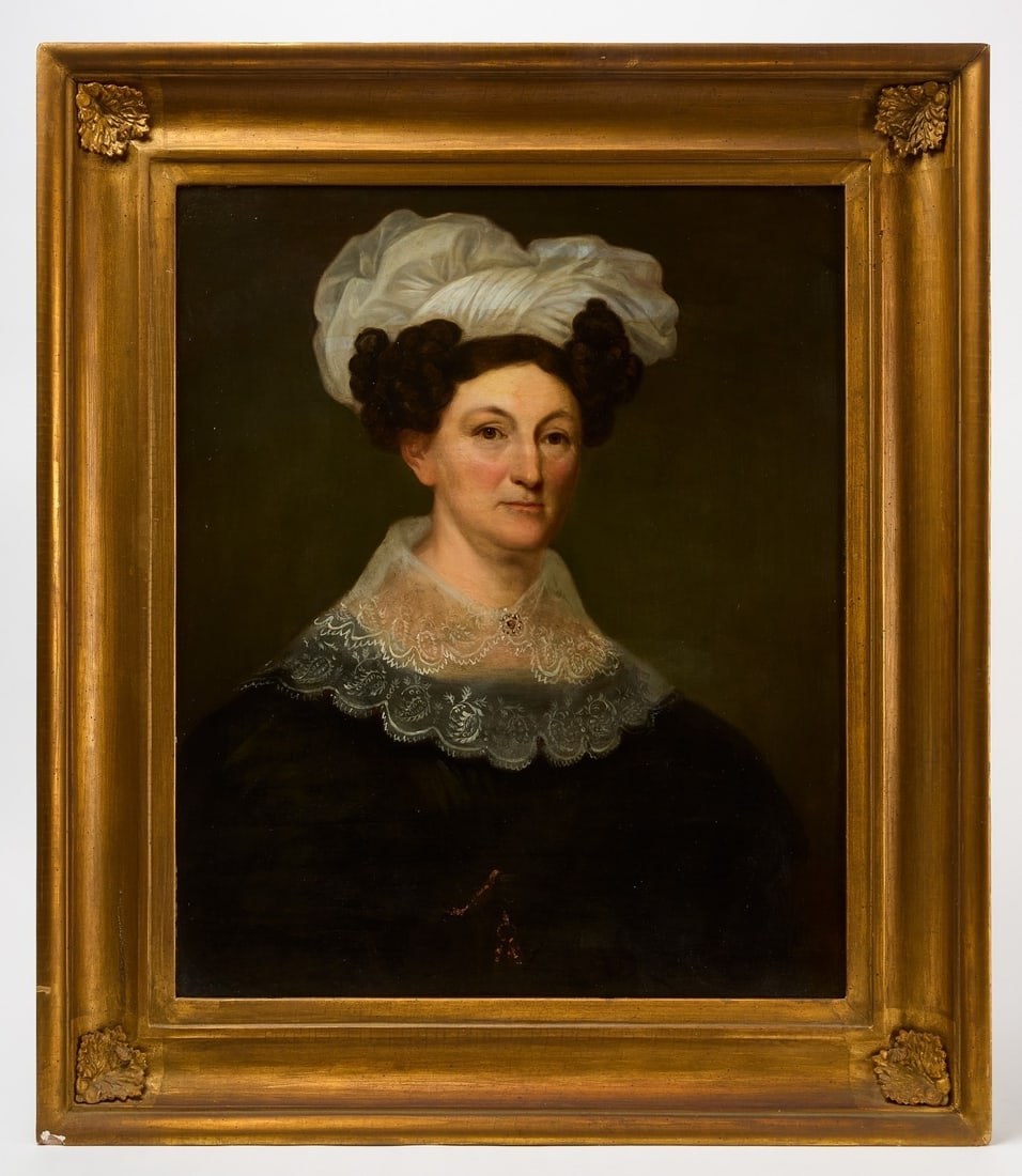 Portrait of a Lady: Portrait of a Lady. Oil on wood panel. Original frame. American, circa 1850. Newman Gallery Philadelphia lable.Frame: H 38-1/2 in. W 33-1/4 in. Panel: H 30 in. W 24-1/2 in.