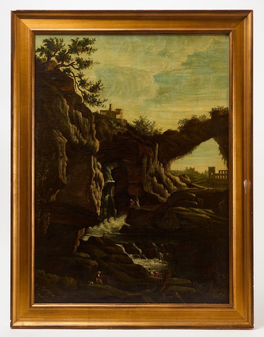 Manner of Joseph Claude Vernet - Baroque Landscape: -Baroque Landscape. In the manner of Joseph Claude Vernet. Oil on canvas. European, 18th century.Frame: H 38 in. W 29 in.Canvas: H 33 in. W 24 in.