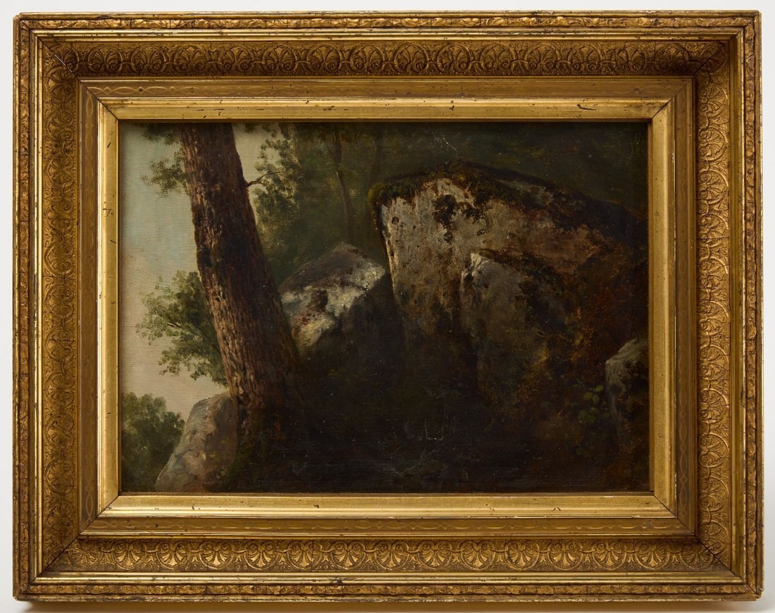 David Johnson - Rocky Forest: David Johnson (1827-1908). Rocky forest painting. Oil on paper. Signed BRC. Further information written on back of frame. Porrokhauer, Mass.Frame: H 14-1/2 in. W 18-1/2 in.Sight: H 9-1/2 in. W 13-1/2