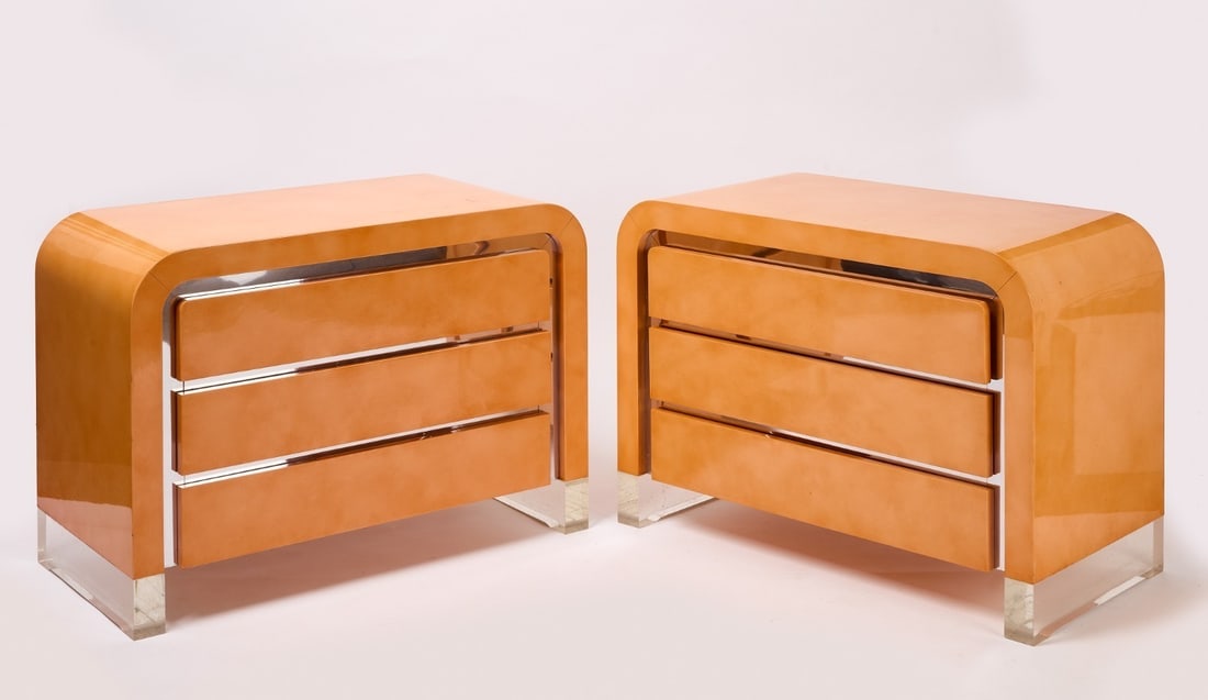 Pair of Vladimir Kagan Three-Drawer Nightstands: Pair of Vladimir Kagan (1927-2016) acrylic 3-drawer nightstands in orange. New York, circa 1970. H 25 in. W 36 in. D 18 in.