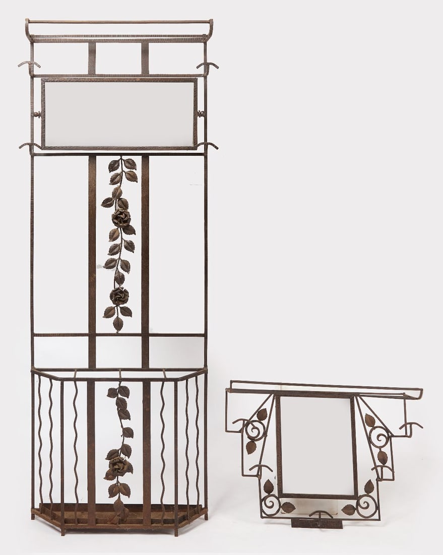 French Art Deco Hall Tree and Hat Rack: Art Deco hall tree with swivel mirror. Wrought iron. Together with a hat rack and shelf with mirror, in wrought iron. French, circa 1930. H 77-1/2 in. W 27-1/2 in. (Top) D 8-1/4 in. H 20-1/2 in. W 28-