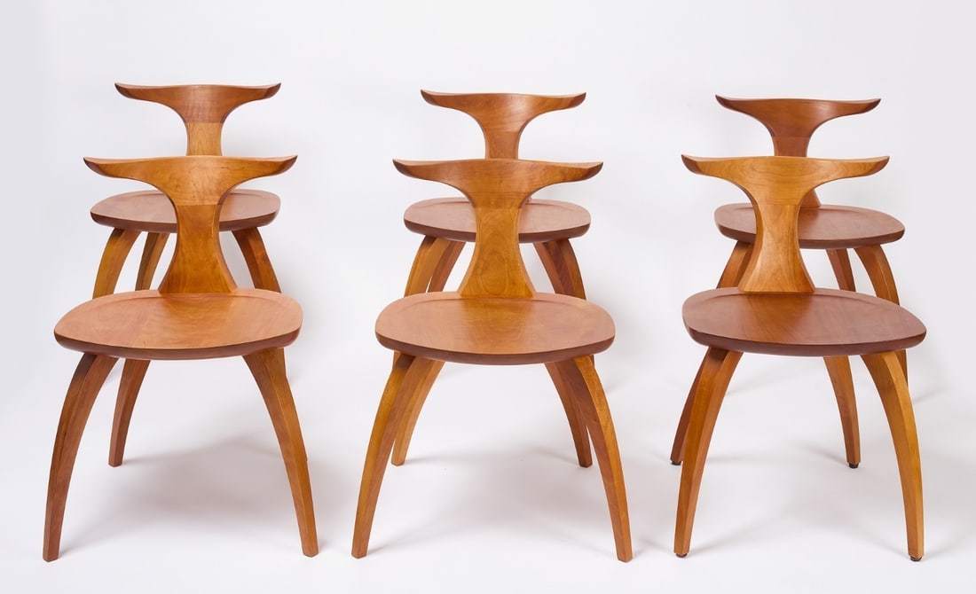 Thomas Moser - Set of Six Dining Chairs: Thos. Moser set of six dining chairs. Cherry wood. Signed and dated on underside Auburn Maine, 2013. H 28-1/2 in. W 18-3/4 in. D 17-3/8 in. 