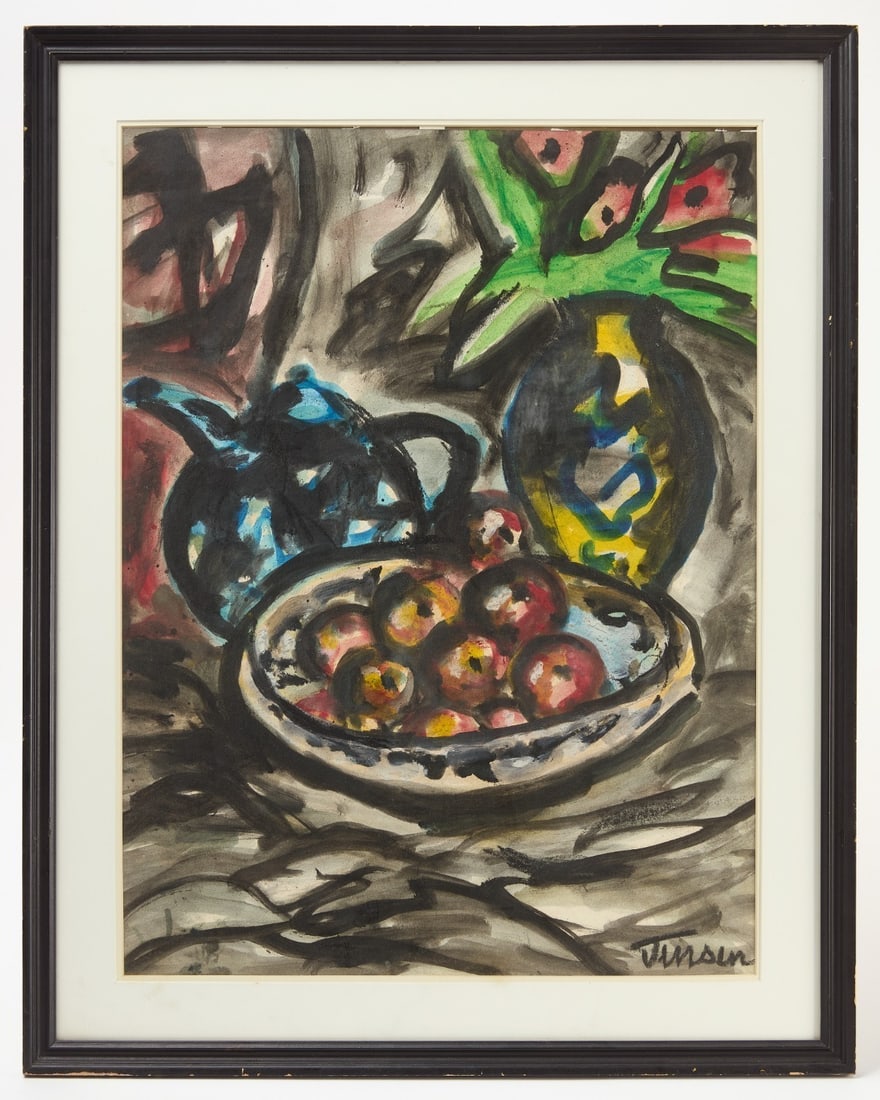 Modernist Still Life of Fruit, Signed Jensen: Modernist still life. Fruit and a blue teapot on a table. Signed 'Jensen' in LR corner. Gouache on paper. In modern frame.Frame: H 31-1/2 in. W 25-1/4 in.Mat Opening: H 26 in. W 19-1/2