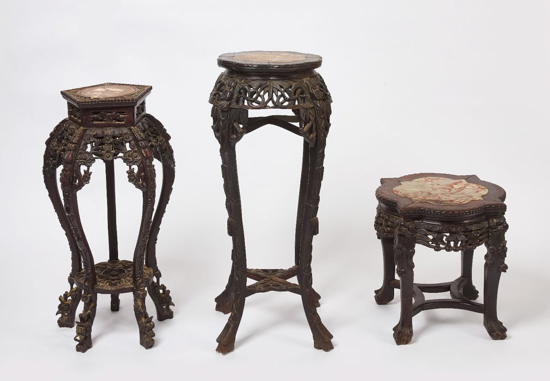 Three Chinese Carved Tables with Marble Tops (1 of 3)