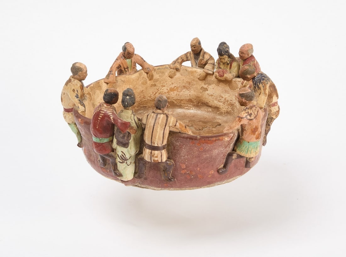 Asian Pottery Bowl with Figures: Asian pottery bowl with figures. Heads are articulated and are detachable. 19th century,H 4-1/2 in D 1-1/2 in.
