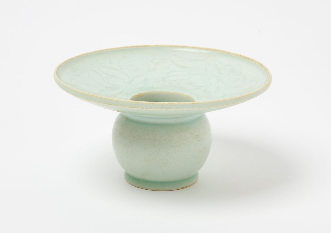 Chinese Hutian Porcelain Cup Stand: Chinese Hutian porcelain cup stand in green glaze.H 3-1/4 in. D 6-3/8 in.