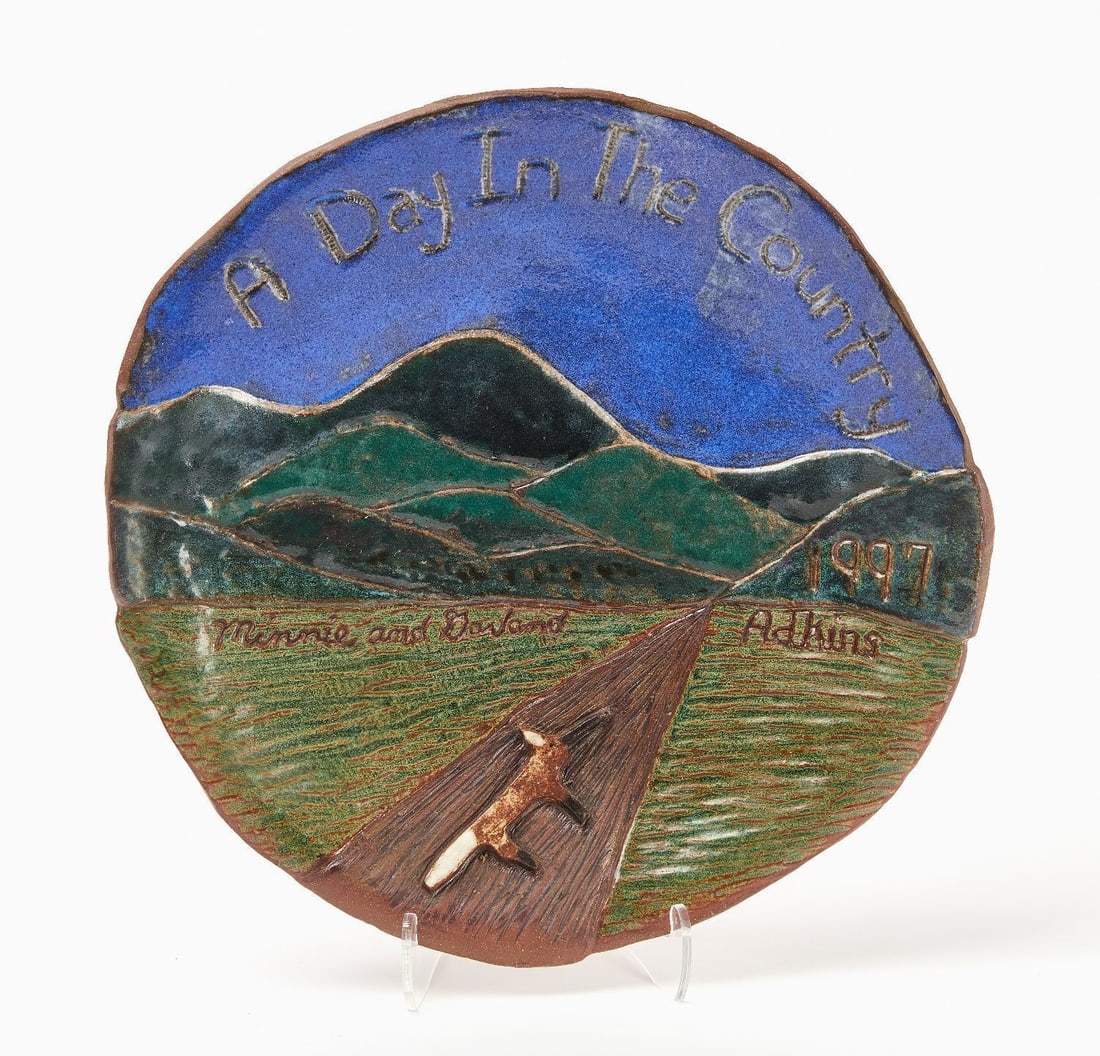 Minnie Adkins - Day in the Country: Minnie Adkins (Kentucky b. 1934) - 'Day in the Country'. Glazed ceramic platter. Signed verso and dated 1997.D 16-1/2 in.Adkins works are included in the collections of American Folk