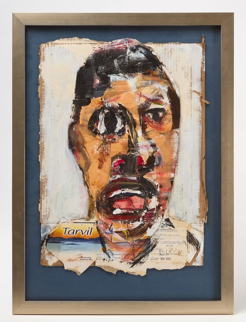 Jim Bloom - Tarvil: Jim Bloom (American, b. 1968) 'Tarvil'. Mixed media, paint, and paper on repurposed cardboard. Frame: H 32-1/4 in. W 23-3/4 in. Board: H 25 in. W 17-3/4 in. Provenance: George Viener