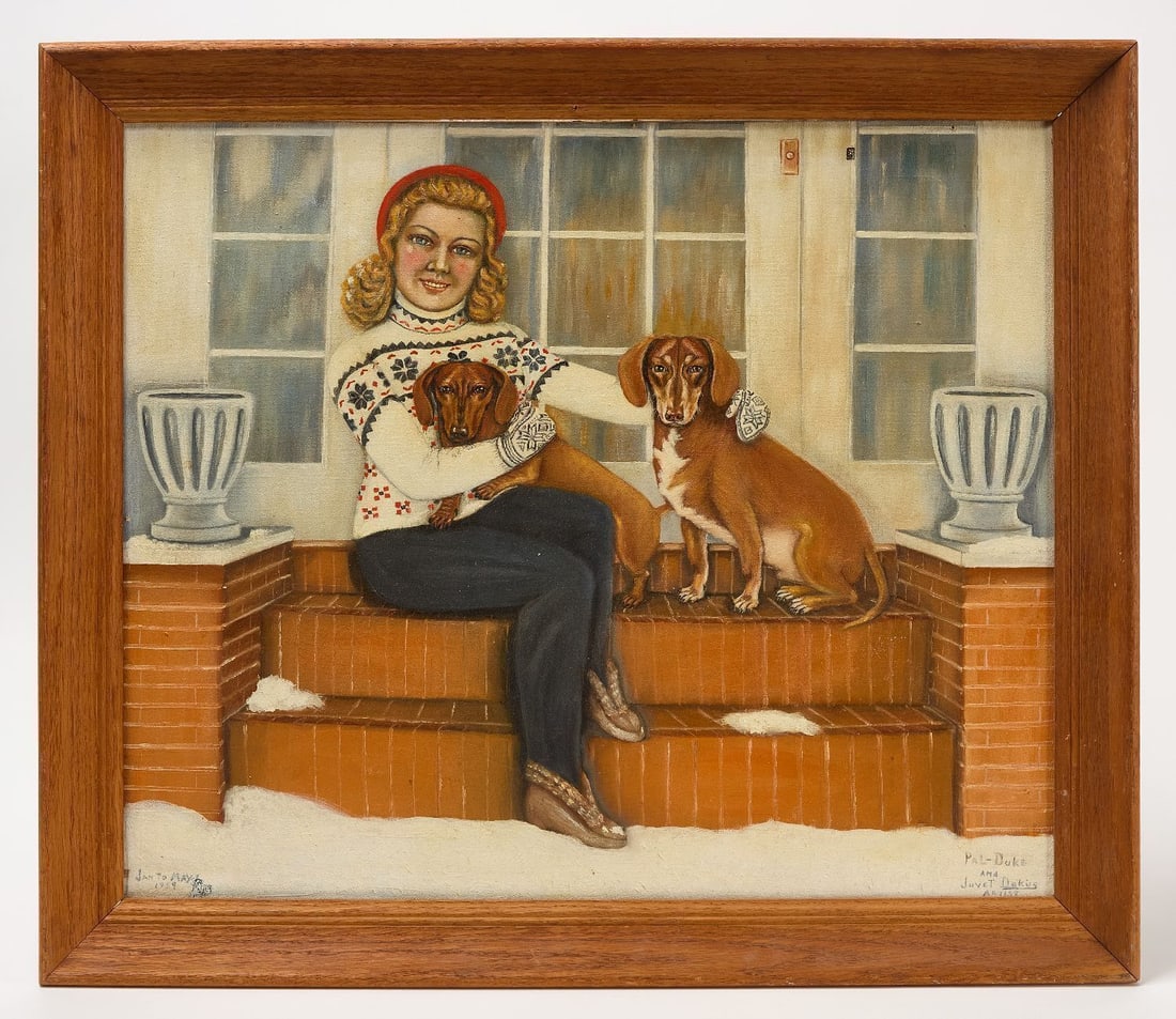 Pal - Duke - & Juvet Dokus' Folk Painting: Juvet Dokus (dates unknown), 'Pal - Duke - & Juvet Dokus' oil on canvas. Title and signature to LR, and dated 1959 to LL. Newark Arts Festival label with artist info inscribed on verso.