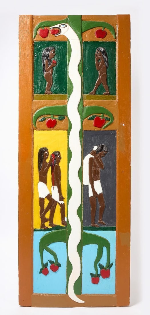 Herbert Singleton - Garden of Eden Door: Herbert Singleton (1945–2007) - Garden of Eden door. Oil on carved cedar door.H 68-1/4 in. W 33-3/4 in.Singleton's worls are in the collections of ; Smithsonian American Art