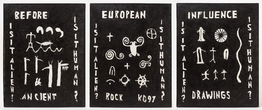 Ken Grimes - Before European Influence Triptych: Ken Grimes (American, b. 1947) - triptych of three oil on canvas paintings depicting ambiguous figures. Signed KG97.Ken Grimes is an American artist. He was raised in Cheshire, Connecticut and