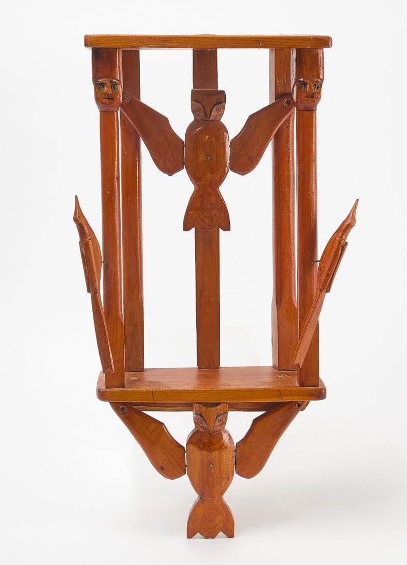 Albert Zahn Folk Art Clock Shelf: Albert Zahn (1864-1953) - folk art clock shelf with birds and faces. Carved and varnished wood. Wisconsin, circa 1930.H 24 in. W 11-1/8 in. D 6 in.In 1924 Albert and Louise Zahn built a house