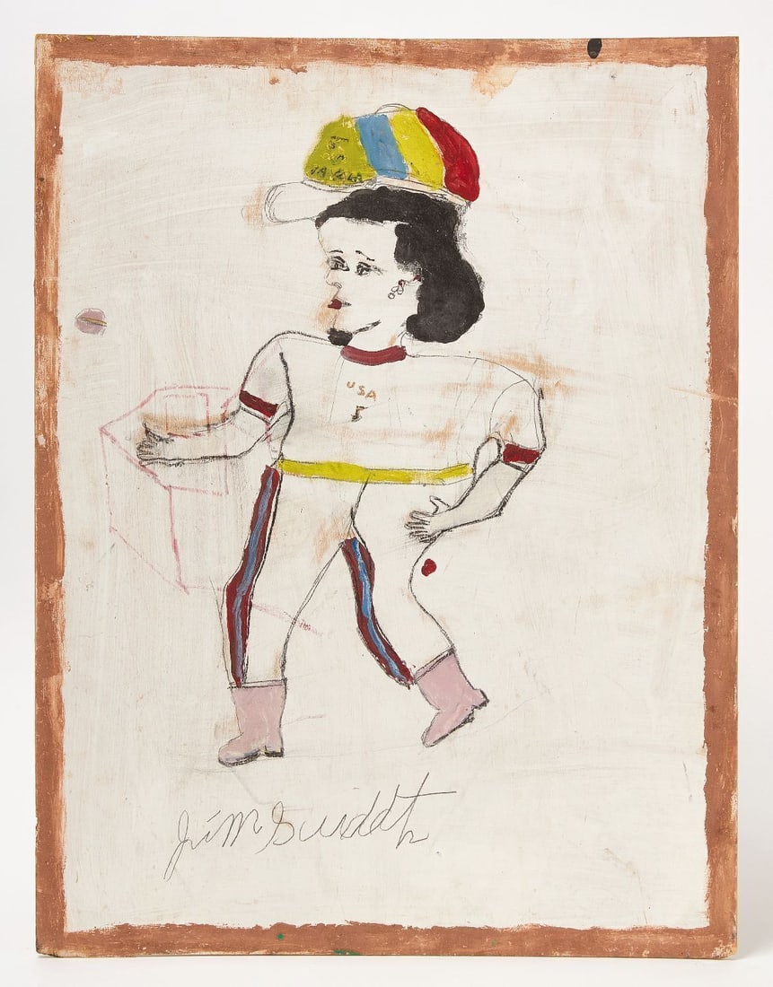 Jimmie Lee Sudduth - Figural Painting on Board: Jimmie Lee Sudduth (1910–2007, was active/lived in Alabama), figural painting. Paint, mud, graphite and charcoal on wood. America, 20th century. H 26 in. W 19-3/4 in.Jimmy Lee Sudduth's