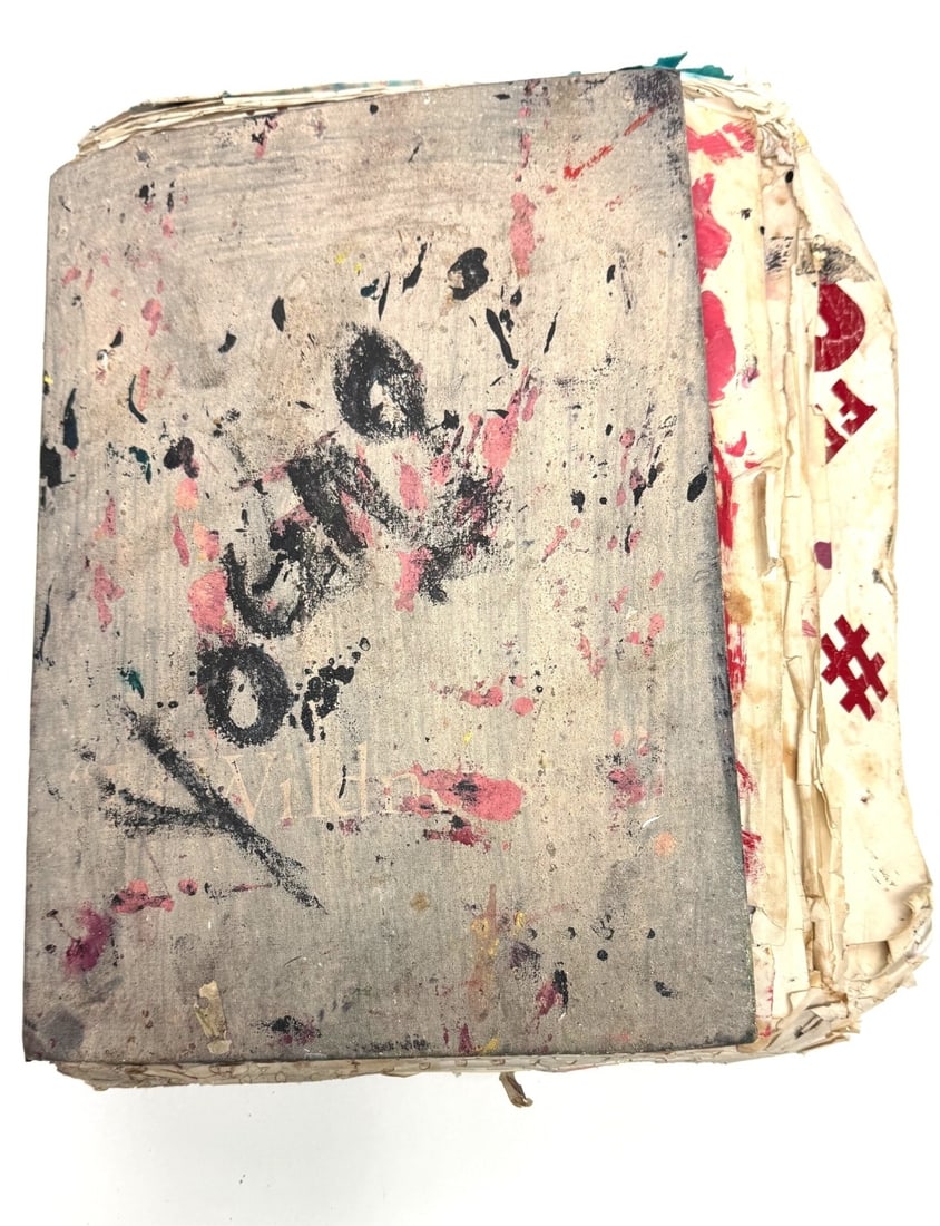 Purvis Young - Book of Paintings on Paper: Purvis Young (1943–2010, based in Florida), assembled book of approximately 100+ paintings on found scrap paper, with handpainted cover. Signature to front cover. Paint on paper secured to