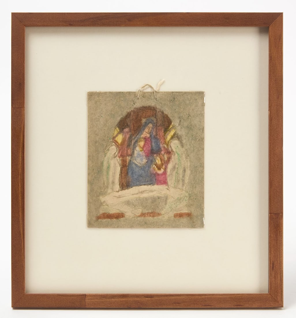 James Castle - Nativity: James Castle (1899-1977) - Nativity, #060400. Colored pulp on found paper stitched with string. Idaho, 20th century. Sight: H 6-1/8 in. W 5-1/4 in. Framed: H 13-1/4 in. W12-1/4 in. Provenance: J.