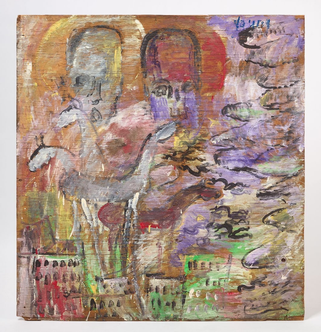 Purvis Young - Untitled (Angels, Horses & Skyline): Purvis Young (American, 1943–2010) - Untitled depicting angel heads, horses, and a skyline. Mixed media on plywood. Signed UR.Provenance: Craig Weiner, 1997.L 47-3/4 in. W 45 in.Purvis