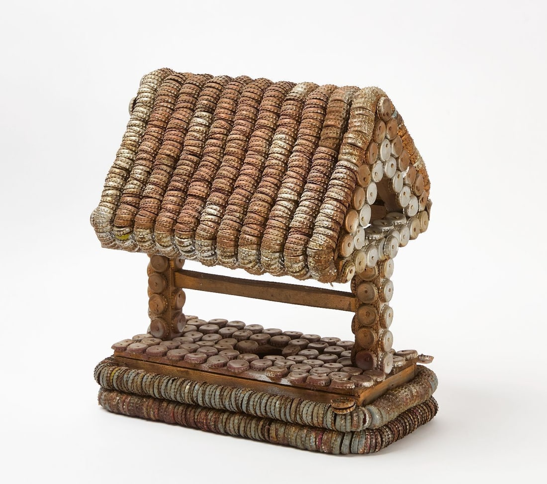 Clarence and Grace Woolsey - 'Wishing Well' Bottlecap Sculpture: Clarence and Grace Woolsey (1929–1987) & (b.?–1992), 'Wishing Well', bottlecap sculpture. Retains original typed paper tag identifying the work as 'Wishing Well'.