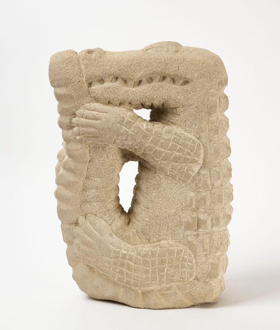 Tim Lewis - Alligator Sculpture: Tim Lewis (American, b. 1952) - Alligator. Carved stone. Initialed and dated 1997 underneath base. H 19-1/2 in. W 6-3/4 in. 14 in. Provenance: Bruce Shelton Gallery, Sept. 2000. "This sculpture