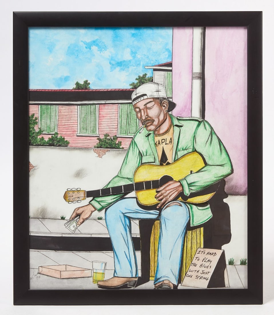 Roy Ferdinand - 'Hard to Play a Guitar with Only One String': Roy Ferdinand (American, b. 1959) - Man with Guitar. 'It's Hard to Play the Blues with Just One String'. Pencil and marker on paper. Signed LL and dated 1997. Frame: H 29-3/4