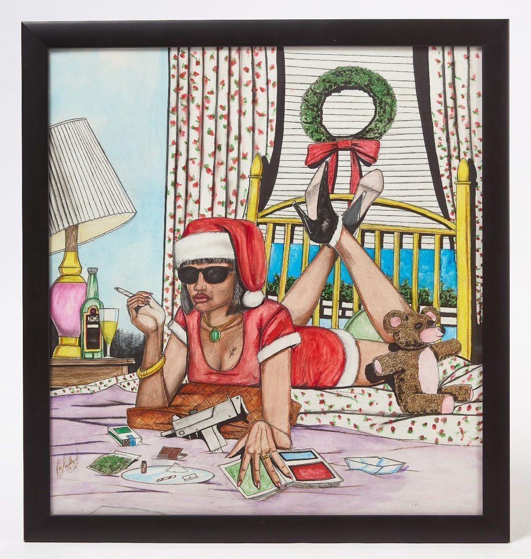 Roy Ferdinand - Santa's Helper: Roy Ferdinand (American, b. 1959) - 'Santa's Helper'. Pencil and marker on paper. Signed LL and dated 1997. Frame: H 30-1/4 in. W 28 in. Sight: H 26-3/4 in. W 24-3/4 in. Roy