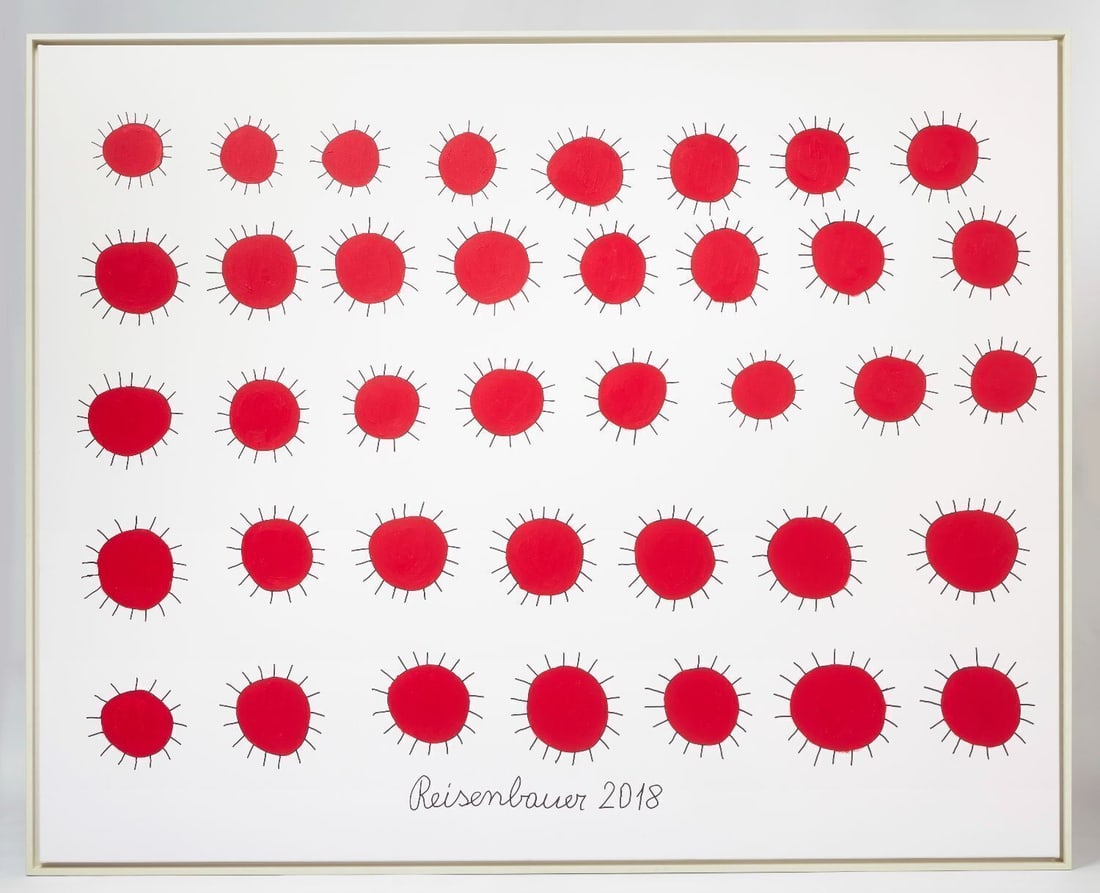 Heinrich Reisenbauer - Suns: Heinrich Reisenbauer (1938–2025) - Suns. Acrylic on canvas. Germany, signed and dated 2018. H 65 in. W 80-1/2 in.Provenance: Gallerie Gugging.Heinrich Reisenbauer was born in Kirchau,