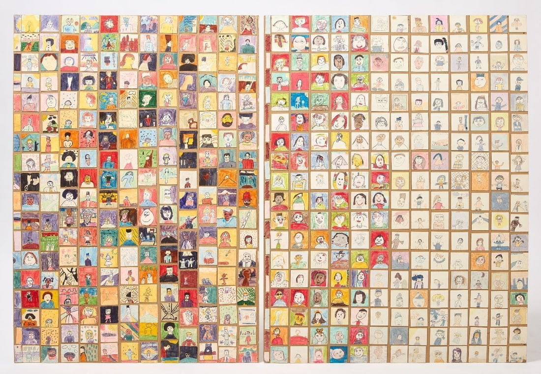 Two Project Partnership Children's 'Gorgeous Mosaics' - Group 2: Two 'Gorgeous Mosaics' associated with Project Partnership. Watercolor and graphite on paper, mounted to board. Each piece features an approx. 13 x 18 grid of portraits made by children,