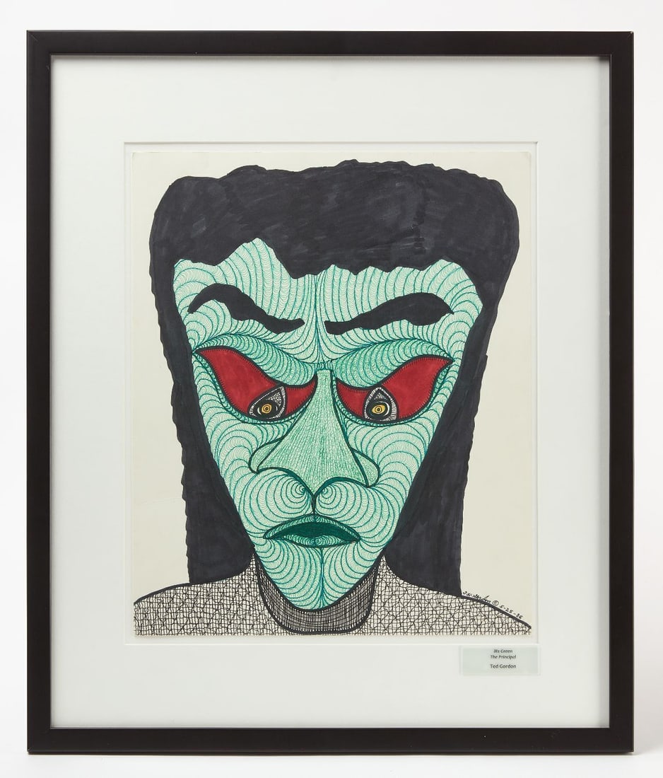 Ted Gordon - Ms. Green The Principal: Ted Gordon (American, b. 1924) - 'Ms. Green The Principal'. Ink and colored marker on paper. Signed LR and dated 1986.Frame: H 25-1/4 in. W 21-1/4 in. Paper: H 17 in. W 14 in. Provenance: